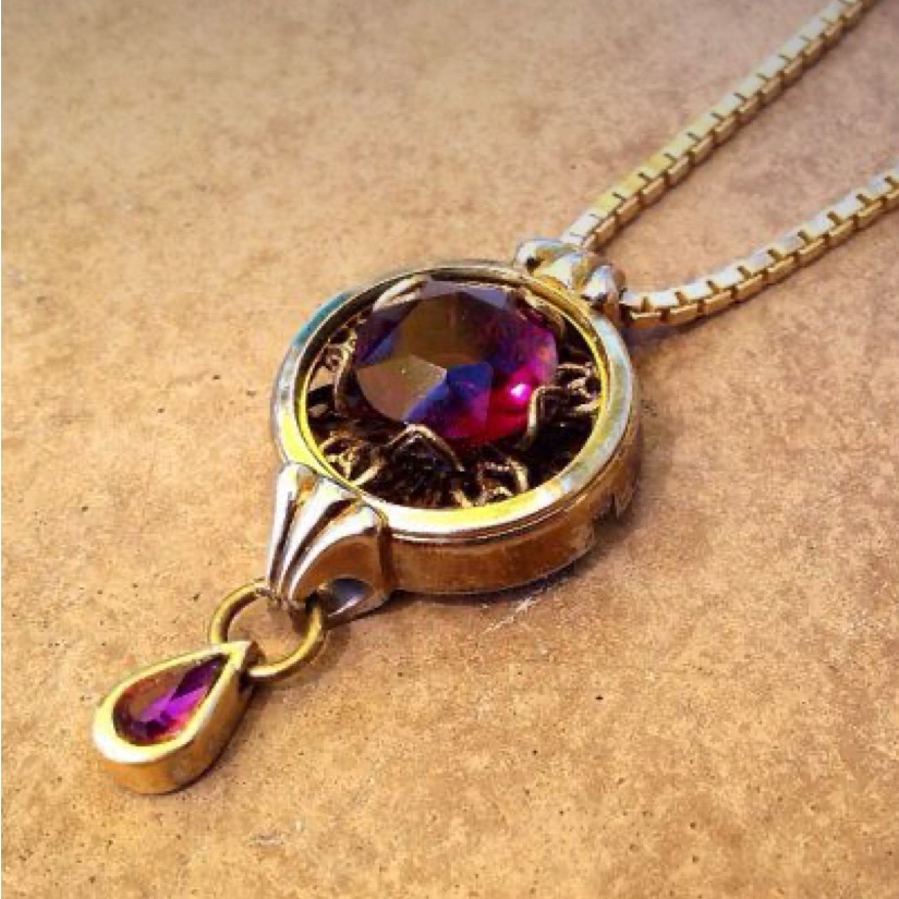 Stunning Filigree Set Czech Glass Amethyst Tear Drop Gem Dangle Gold Platechain
